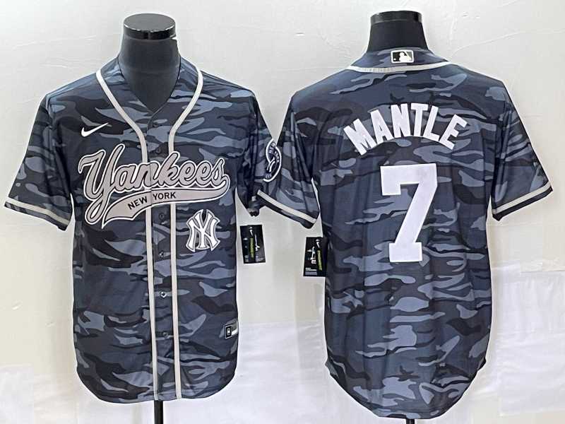 Men%27s New York Yankees #7 Mickey Mantle Grey Camo Cool Base With Patch Baseball Jersey